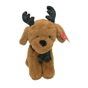 Gitzy 9" Plush Brown Puppy Dog with Green & Red Plaid Antlers Stuffed Toy